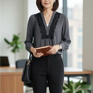 Olivaceous Gray & Black Lace Trim Blouse